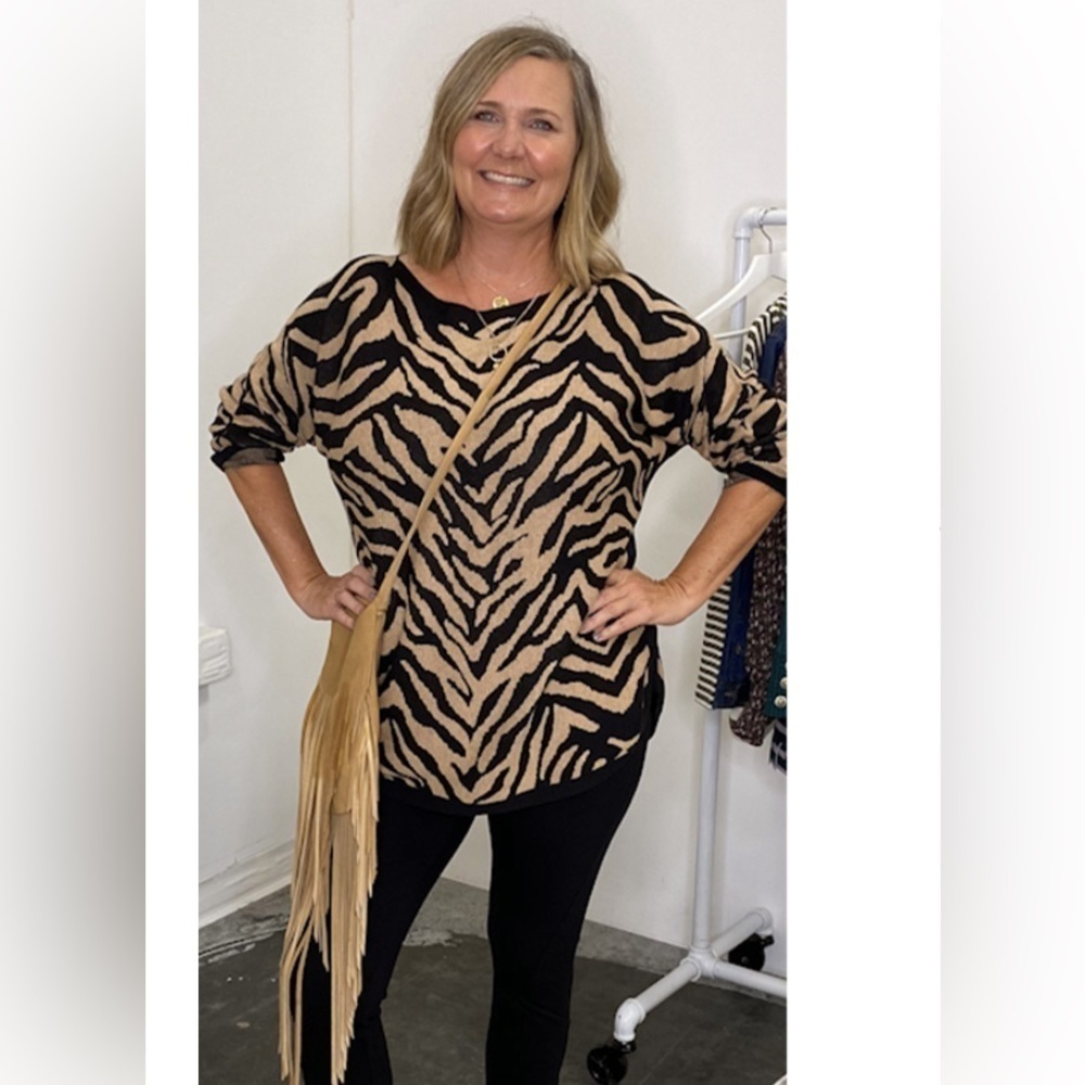 Cabi Pull Over Sweater Animal Print Black and Tan Size S